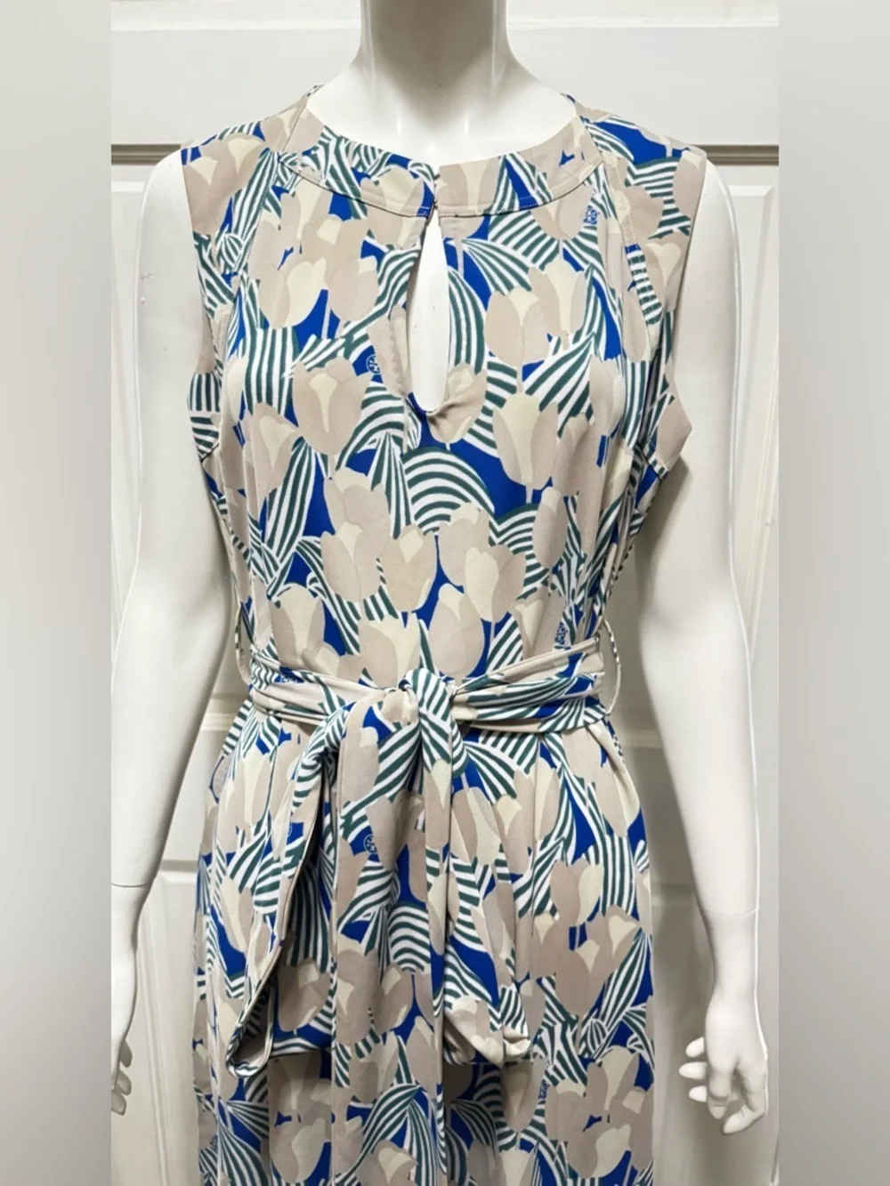 Tory Burch Blue & Beige Tulip Floral Maxi Dress with Self-Tie Waist Size Large